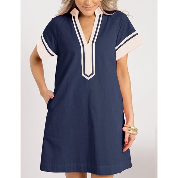 Linen Cotton Summer Dress Women Short Sleeve V Neck A-Line Mini with Pockets - Picture 4 of 5